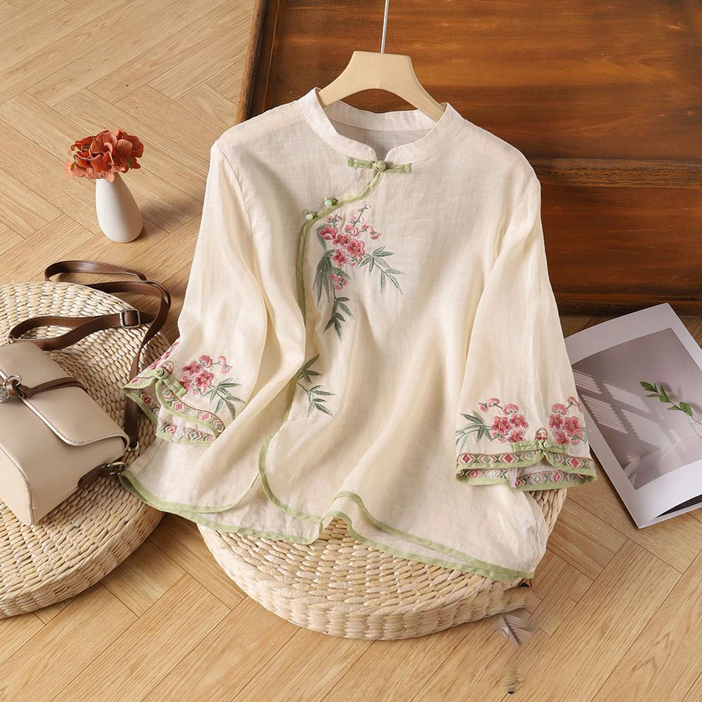 衬衫新复古盘扣立领中国风斜襟民族风棉麻七分袖小衫上衣棉麻上衣