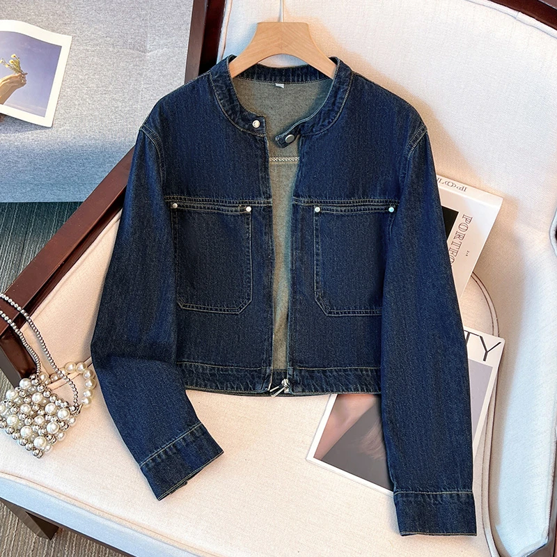 深蓝色丹宁圆领牛仔外套女短款2025年开春秋季新款拉链开衫薄夹克