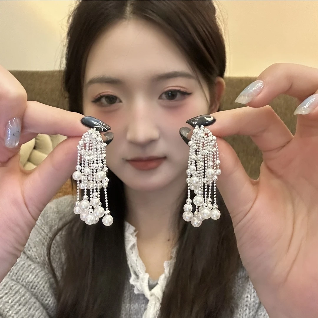铜合金耳饰 烟花珍珠流苏耳钉～高级气质轻奢耳饰百搭耳环