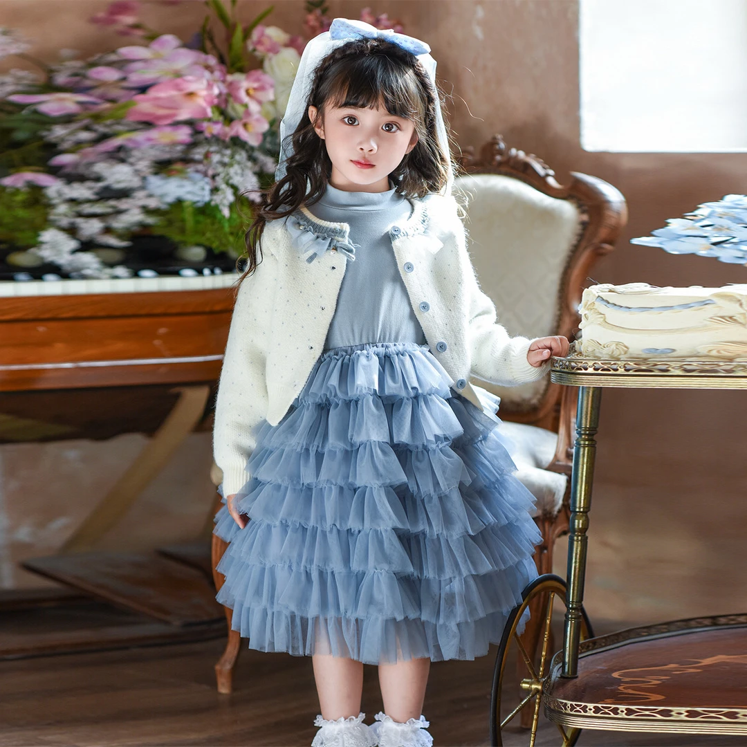 女童连衣裙秋装2025新款洋气儿童小香风针织套装女孩蛋糕公主裙子