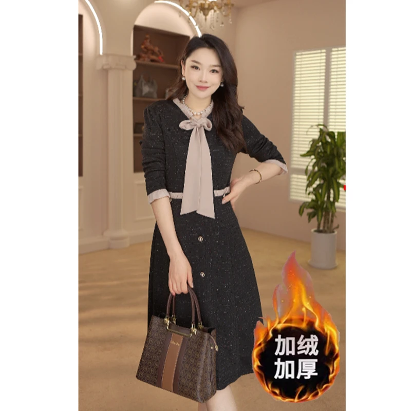 1096#春秋款小香风连衣裙女长袖时尚2024秋装气质显瘦假两件裙子