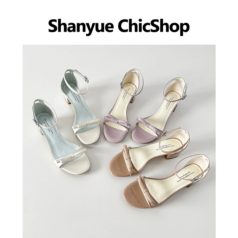 3.5cm一字带蝴蝶结装饰露趾粗跟百搭凉鞋