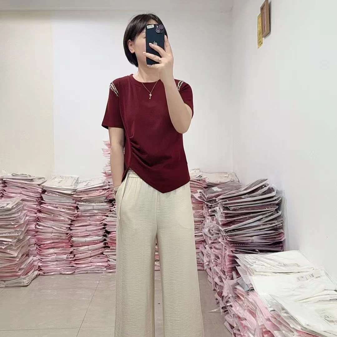 2025夏季新款 镂空钉珠女士圆领短袖纯色休闲显瘦打底T恤 3502#