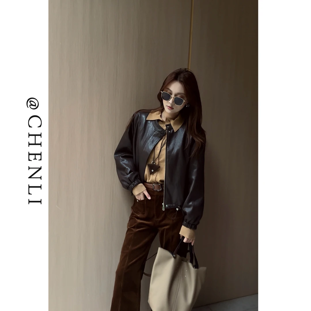 加绒加厚保暖皮衣外套女2025秋冬新款休闲立领夹克上衣6008