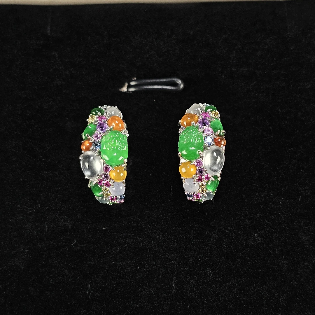 天然翡翠A货高冰多彩18K金镶嵌精美精致百搭经典气质轻奢耳环