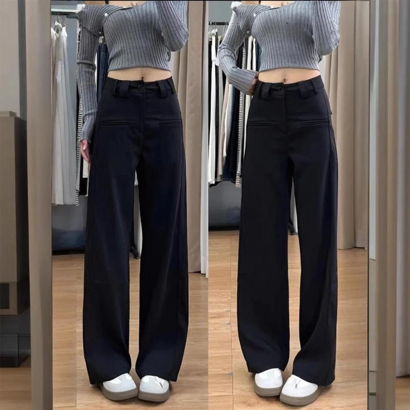 黑色高级感垂感西装裤女胖mm显瘦遮胯休闲阔腿拖地裤梨形身材裤子