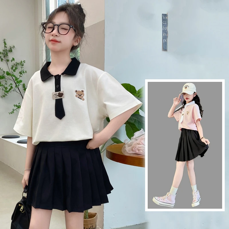 夏季女童裙子套装2025新款洋气中大童儿童学院风短袖百褶裙两件套