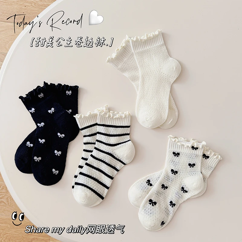 新款女童袜子公主袜春夏季韩系网眼儿童棉袜百搭蝴蝶结花边袜子