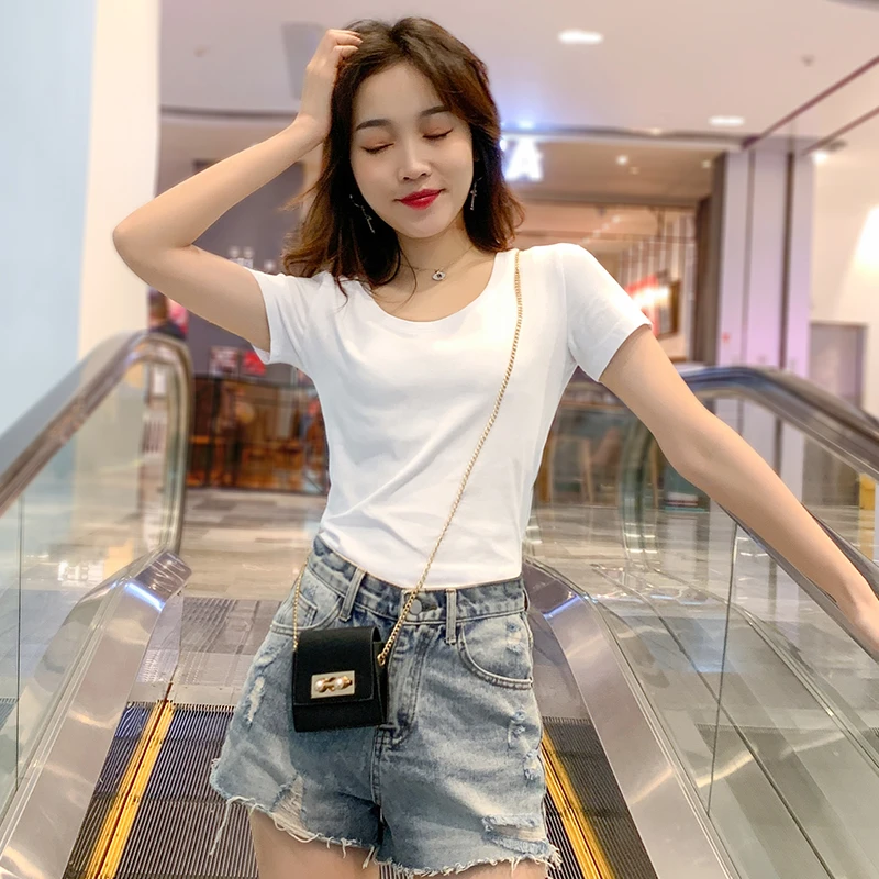 短袖t恤女2025年新款修身纯色打底衫气质夏装白色上衣短袖t恤女潮