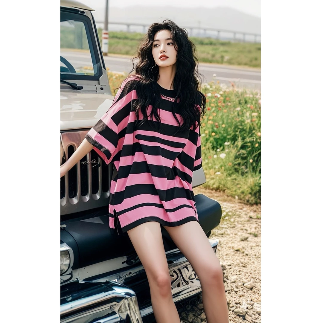 粉黑色条纹宽松正肩短袖t恤2025新款春季chic韩系独特超好看上衣