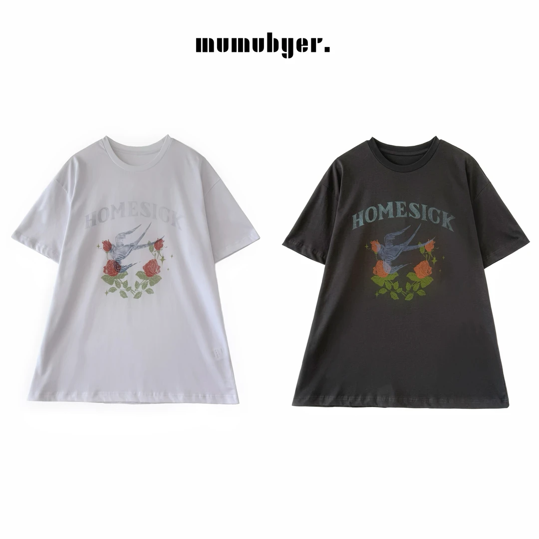 MUMUBYER •“燕子摘花”薄款玫瑰花飞燕字母印花短袖T恤
