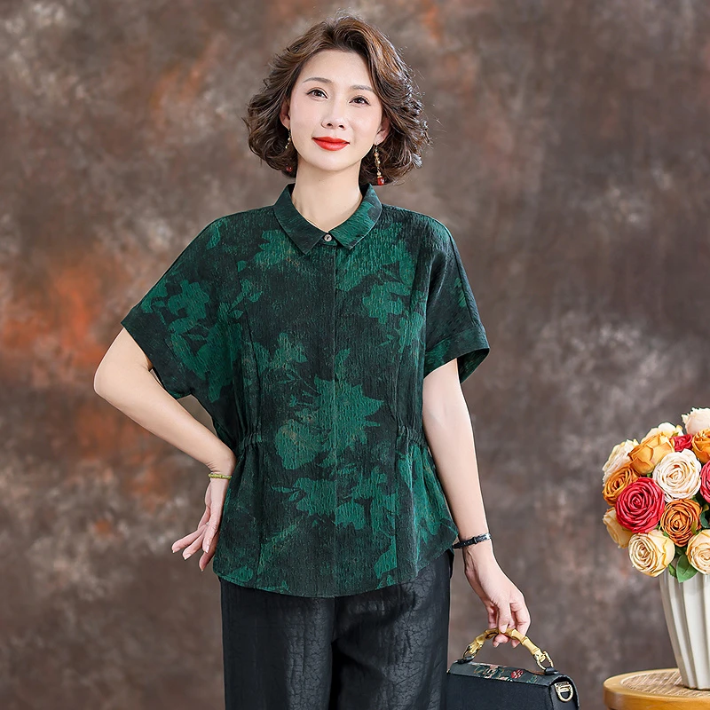 清仓场！齐黛真丝香云纱上衣2025春夏新款印花复古妈妈真丝衬衫