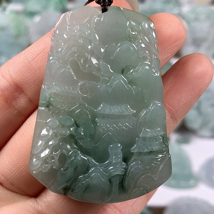 翡翠未镶嵌颈饰山水福利两面工艺福利