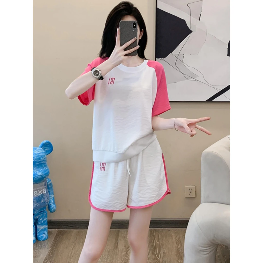 跑步休闲运动套装女夏季2025新款时尚减龄拼接短袖t恤短裤两件套