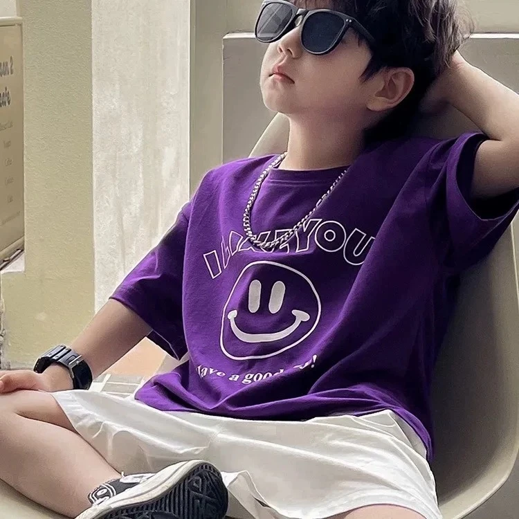 2025夏季新款男童纯棉短袖T恤韩版笑脸印花T恤小男孩酷帅炸街上衣