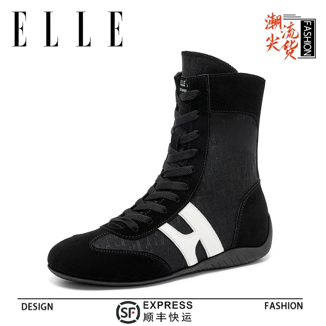 ELLE平底防滑拳击鞋女2025夏季新款拼色高帮时尚百搭休闲鞋女鞋子