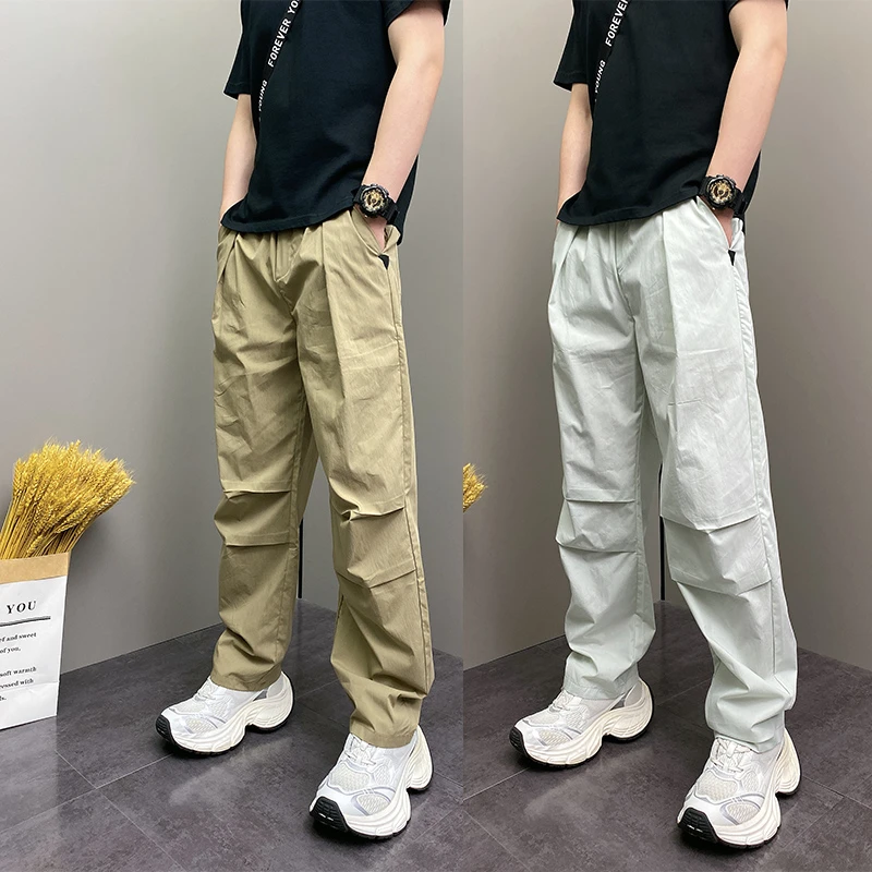 2025年夏季薄款潮流韩版个性设计感褶皱青年男士休闲直筒阔腿裤子