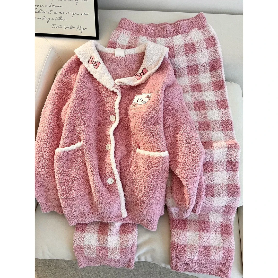 秋冬新款甜美可爱小猫针织半边绒睡衣女保暖针织毛衣海军领家居服