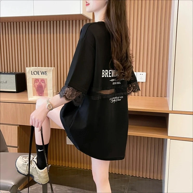 纯棉遮屁股搭配鲨鱼芭比裤的上衣女夏季宽松大版时尚洋气短袖T恤
