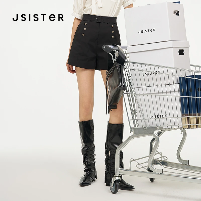 jsister 夏装新款 JS女装时尚黑色直筒短裤