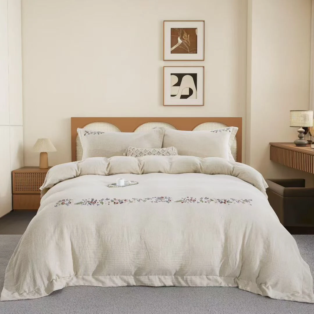 【棉麻绣花款】棉麻A类母婴级双层纱四件套床品棉麻床盖被套床单