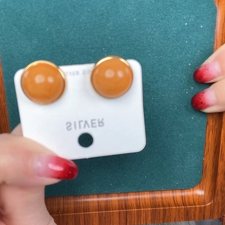 蜜蜡耳饰银S925镶嵌耳钉