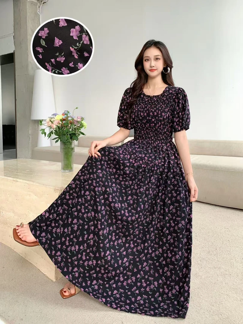短袖印花淑女长裙夏季韩版连衣裙时尚裙子复古风（514）