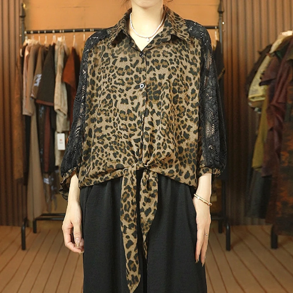 【白雪.荐选】桑蚕丝豹纹拼蕾丝复古时尚气质上衣k152