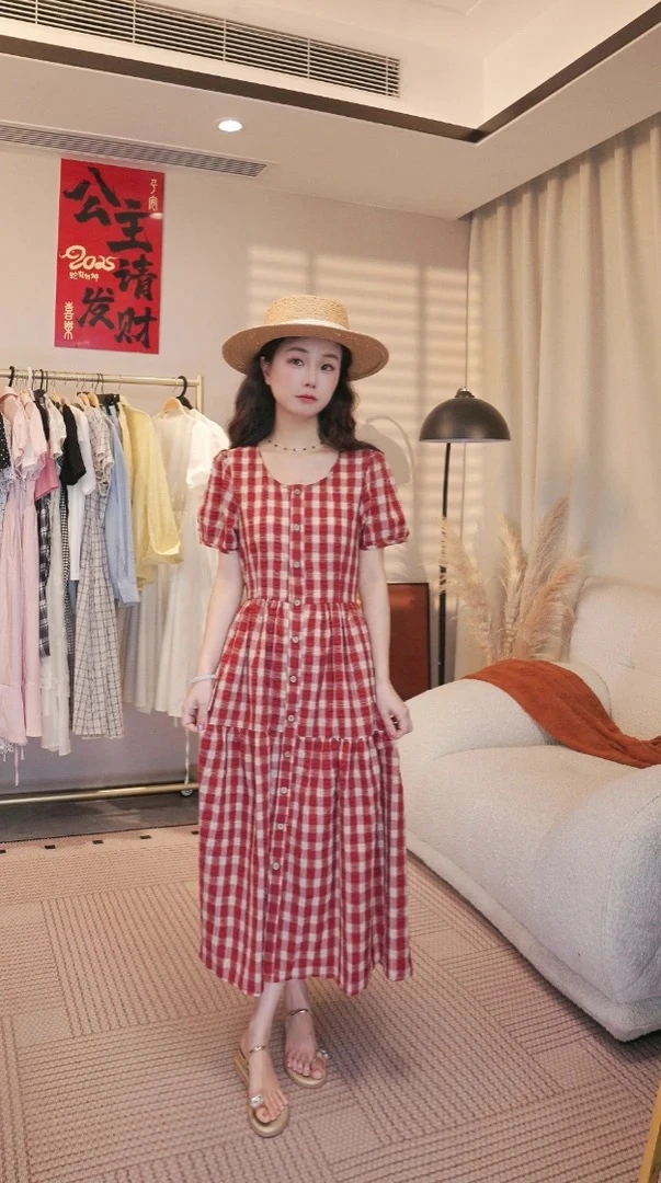 红格子连衣裙复古格子夏季收腰长裙方领夏装cleanfit风