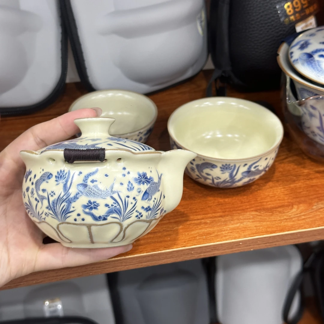LH120-黄汝-鱼藻纹旅行茶具茶杯一壶两杯便携包陶瓷复古中式