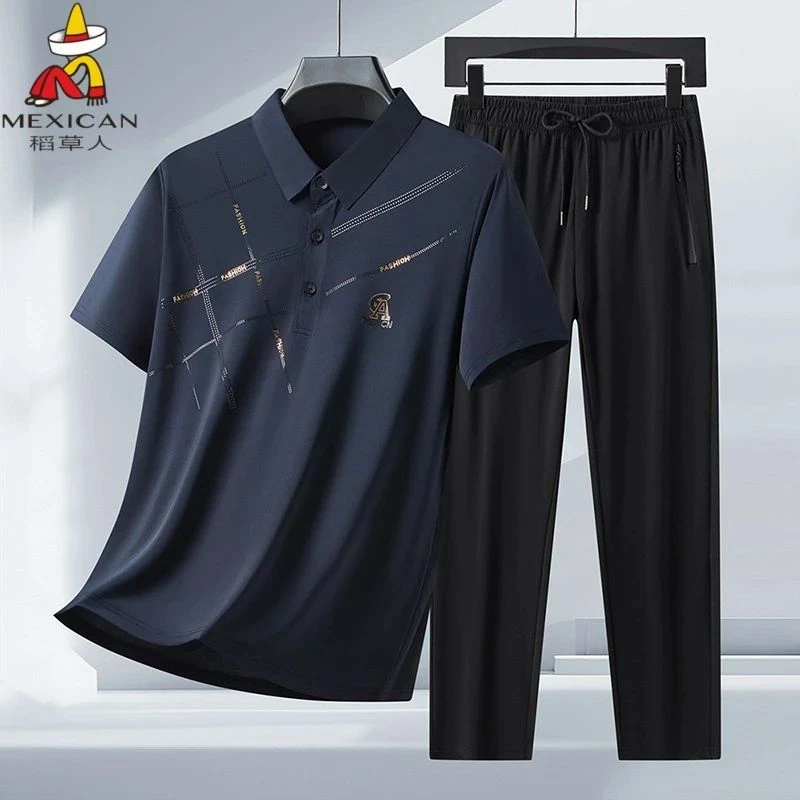 稻草人夏季生日爸爸时尚套装男夏装冰丝短袖休闲运动中老年两件套