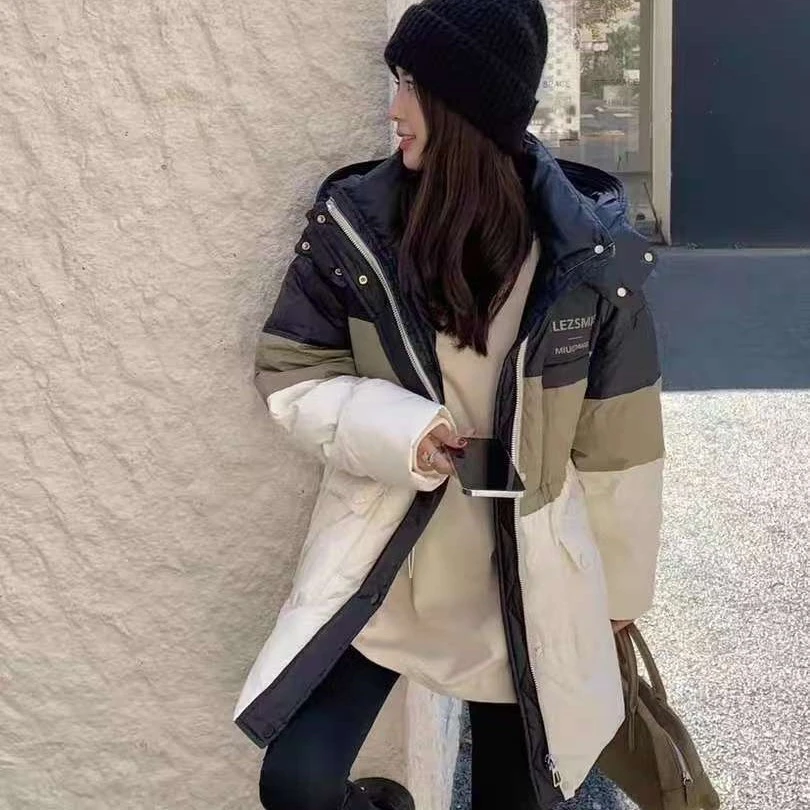 高蓬松90绒中长款拼色羽绒服