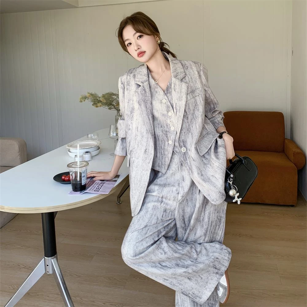 晕染马甲西装三件套装女春秋阔腿裤搭配ootd高级感超火流行韩系