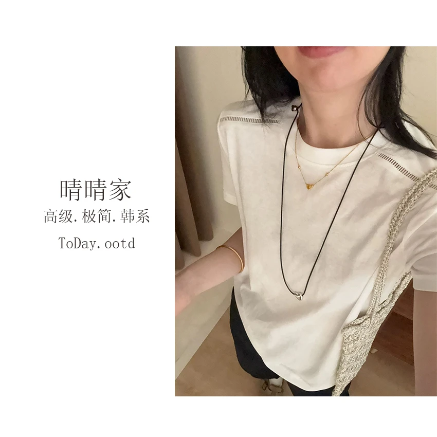 晴晴家-【花落谁家】韩系时尚气质设计感镂空百搭设计短袖5421