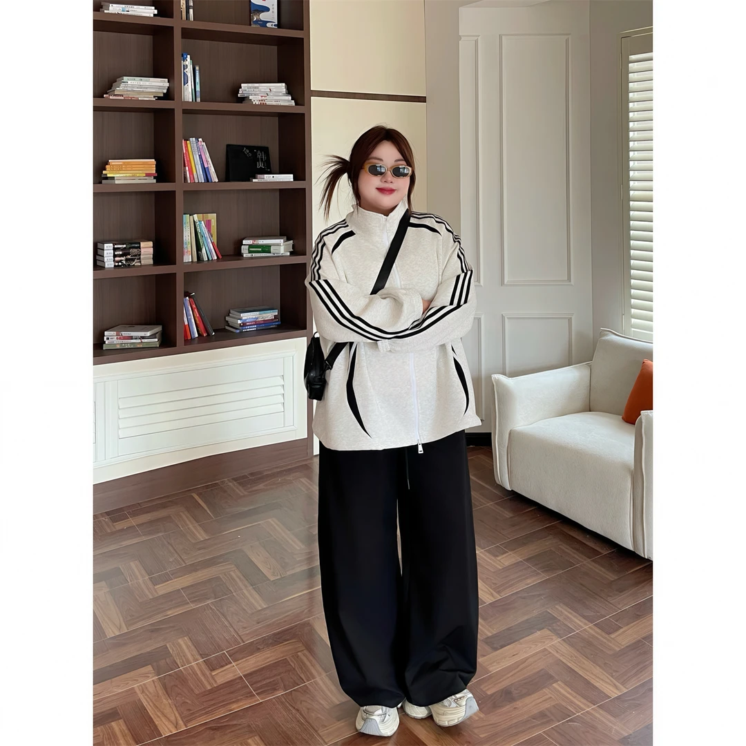 大码女装秋季花契200斤胖mm潮牌条纹高街运动风宽松外套15668-C