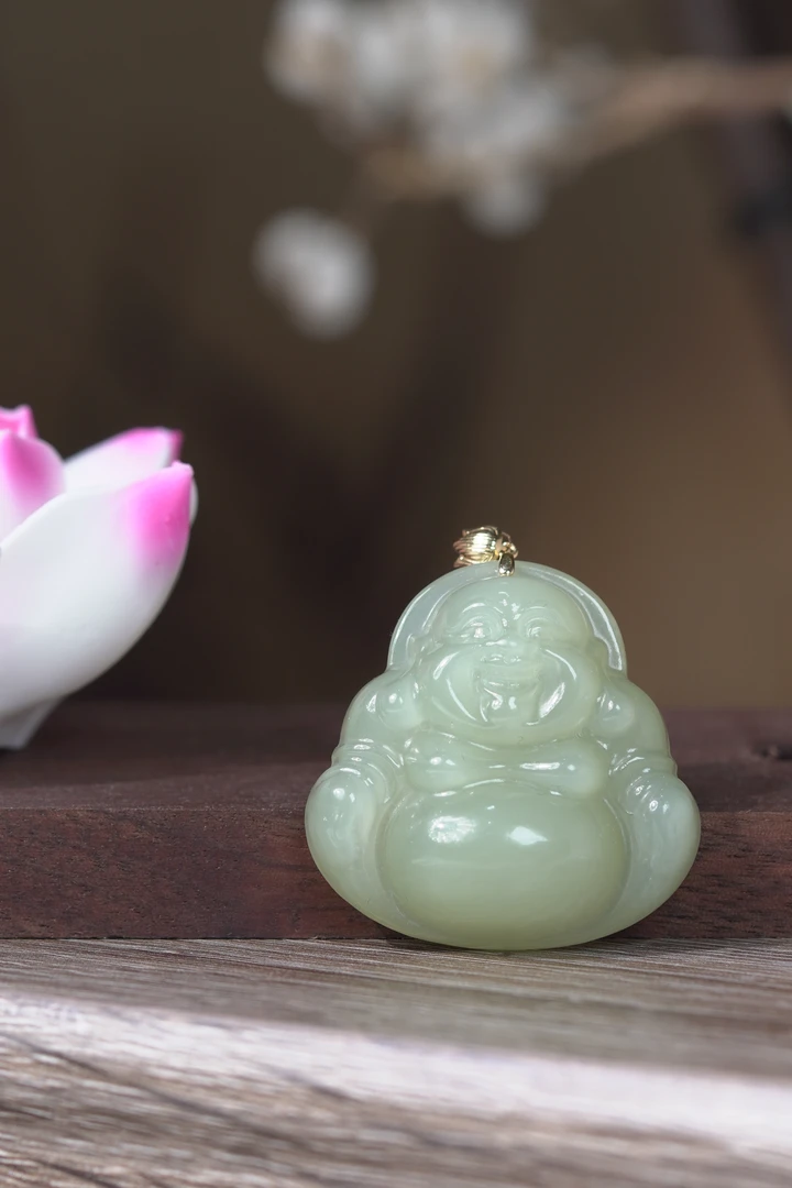 【灵熙专属】天然和田玉30mm弥勒佛18k金扣项链吊坠*多样性发其一