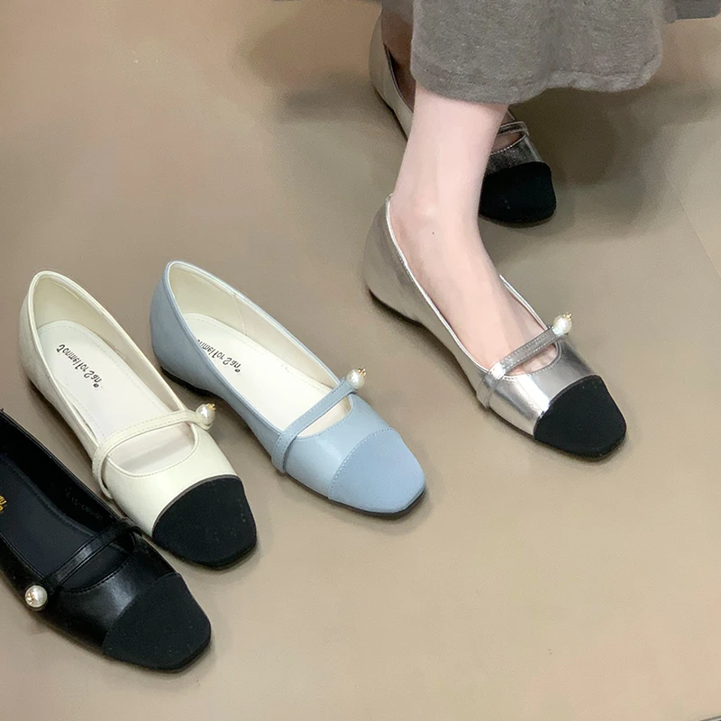 法式银色拼接单鞋配裙子舒适内增高玛丽珍小皮鞋气质