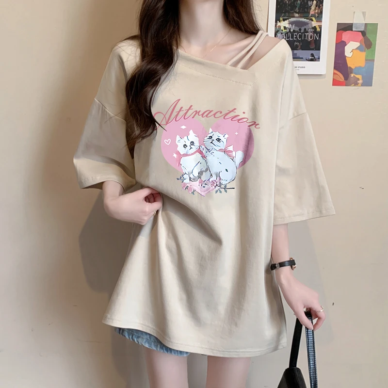 夏季纯棉短袖T恤女爆款宽松慵懒风小众趣味卡通设计感斜肩上衣ins