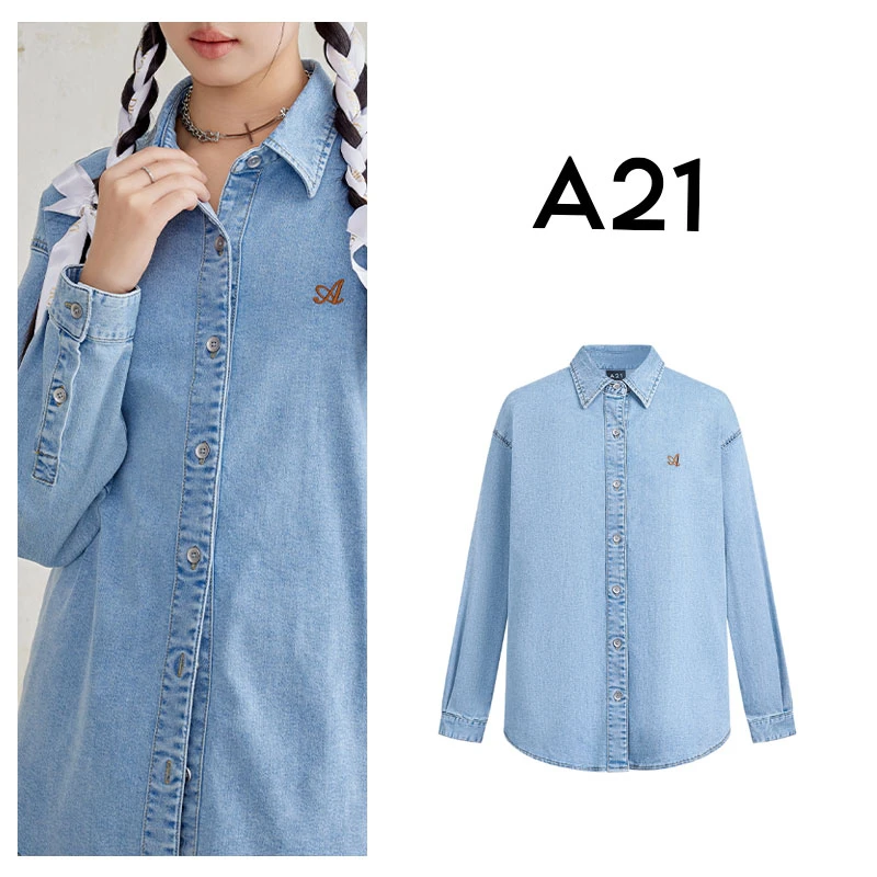 A21女装宽松翻领落肩牛仔外套F443224001