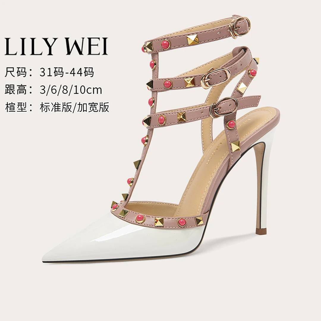 Lily Wei【心动讯号】白色铆钉性感斩男高跟凉鞋御姐时尚大码单鞋