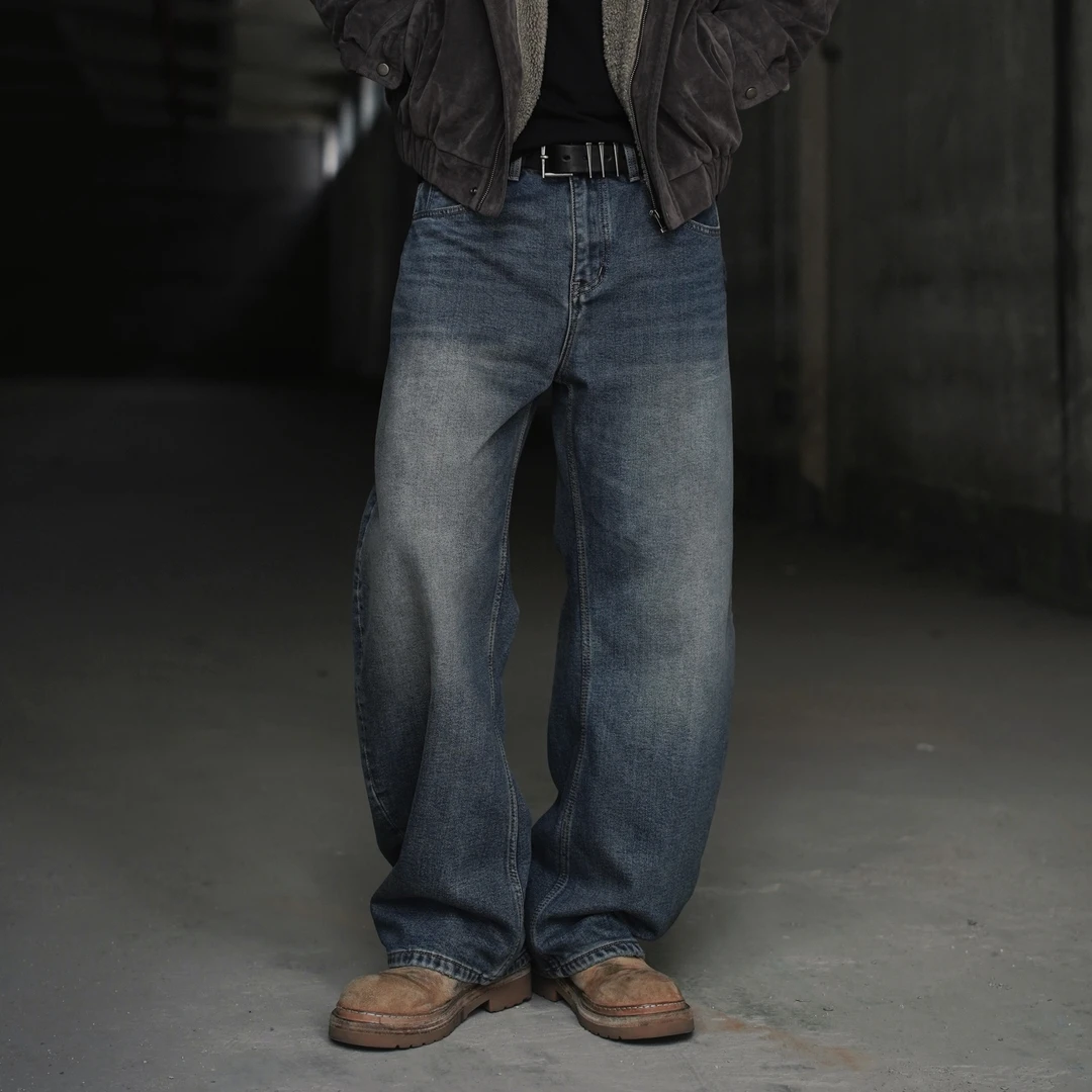 Unholism 【加绒】美式复古水洗休闲灰蓝弯刀阔腿牛仔裤