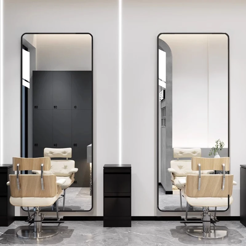 镜子网红理发店剪发烫染镜台免打孔挂墙男士发廊专用高级感落地式