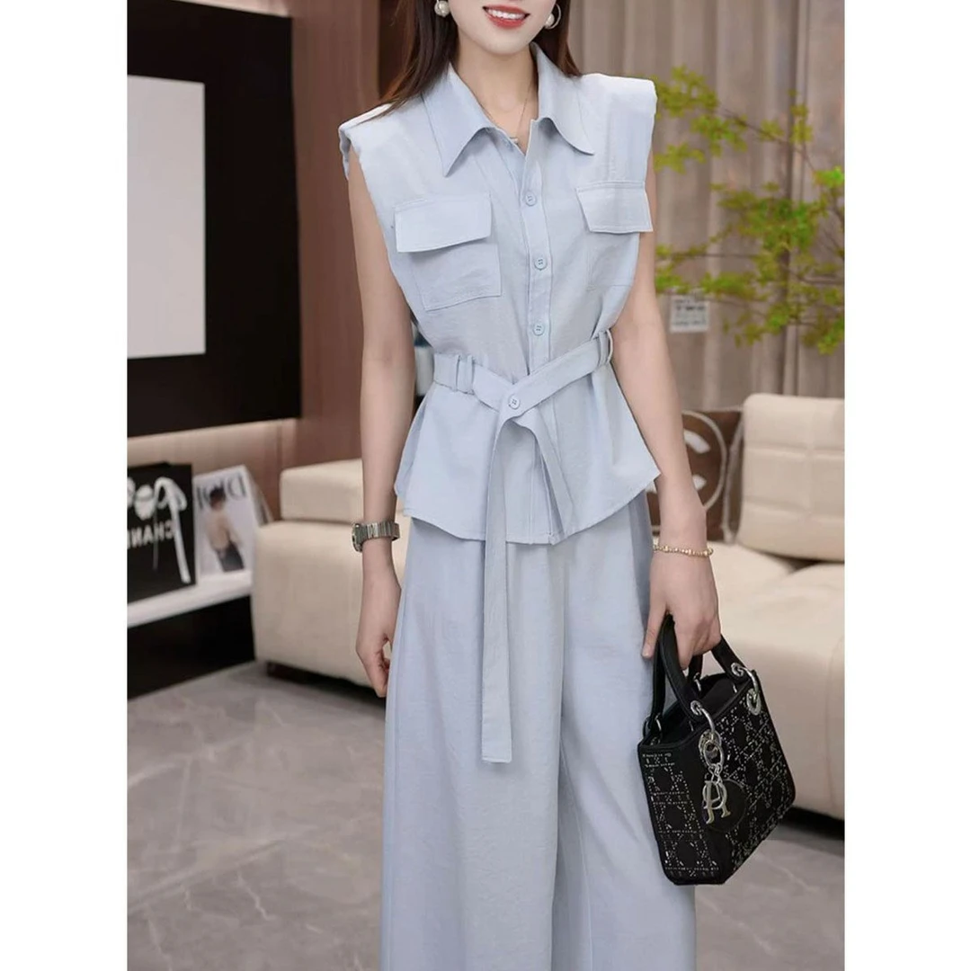 2025夏季新款韩系设计感显瘦无袖绑带上衣高腰阔腿裤休闲两件套女