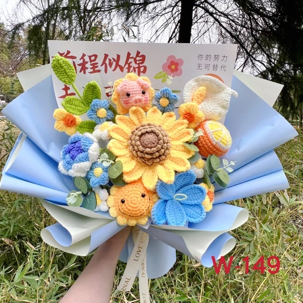 中考高考成人礼纯手工毛线花束花束礼物猪老虎狗向日葵送孩子礼物