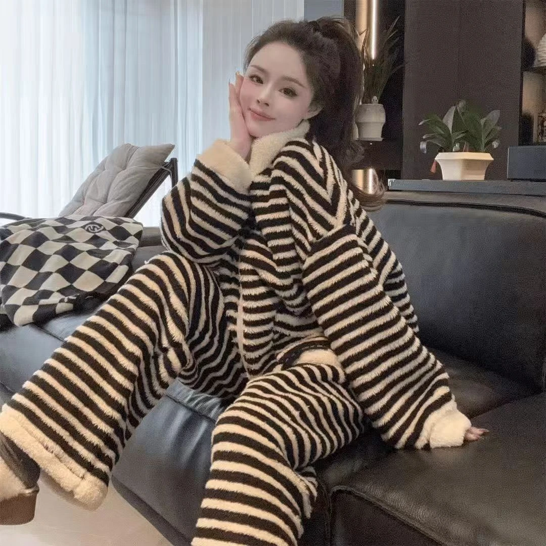 【网红爆款】保暖条纹长袖加绒加厚睡衣情侣女士家居服套装