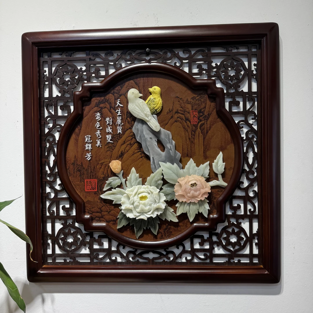 直播间福利款40厘米圆形玉雕画餐厅背景墙玄关装饰画立体浮雕画