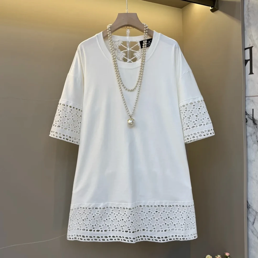 镂空蕾丝T恤不规则刺绣短袖上衣气质小众重工夏季