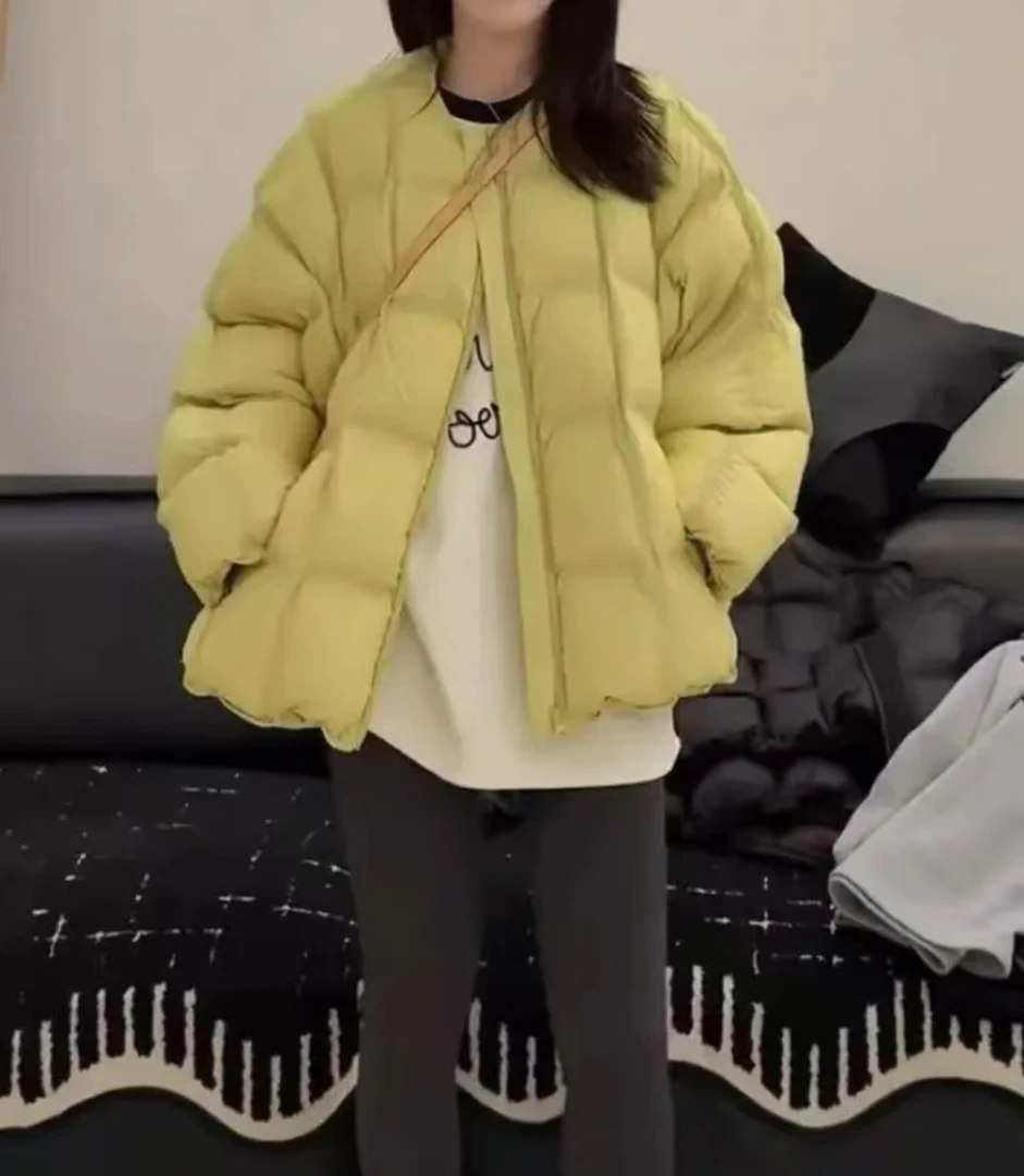 【方块小黄鸭】90白鹅绒韩版宽松圆领双拉链立体方格羽绒服