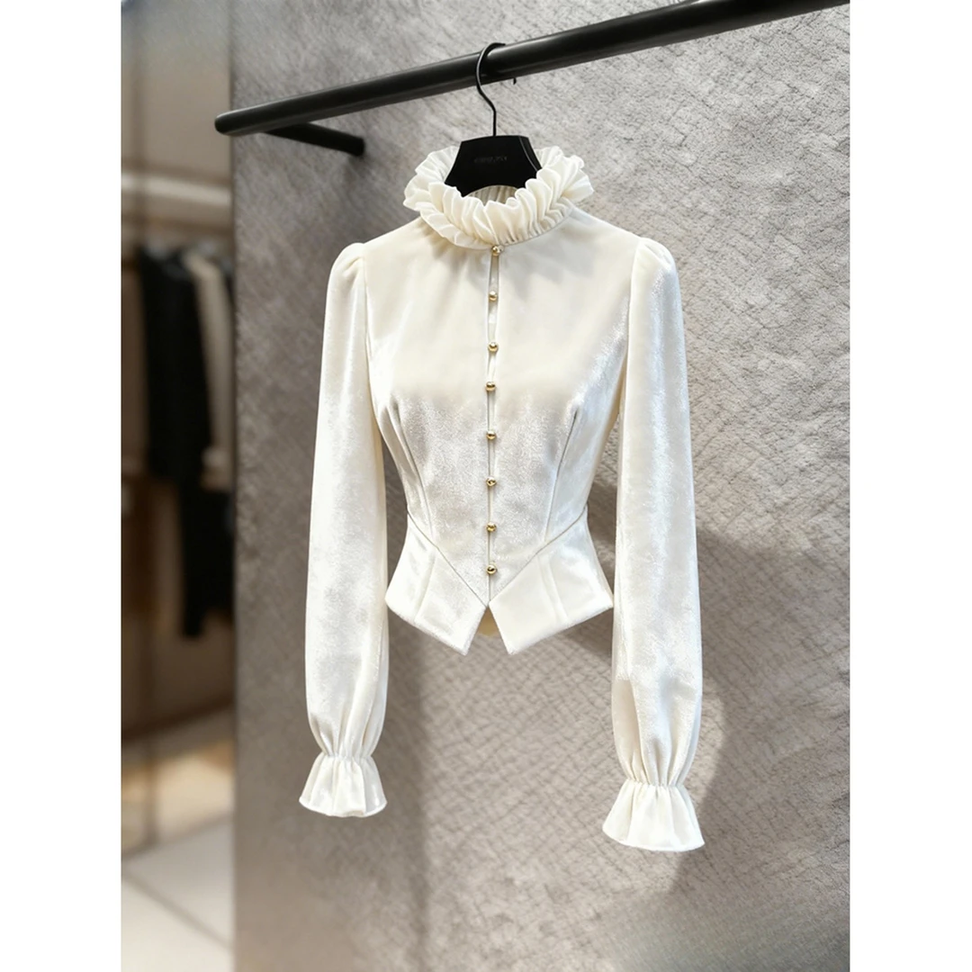 独特漂亮新款小衫女冬绝美巨好看设计感气质高端法式白色丝绒衬衫