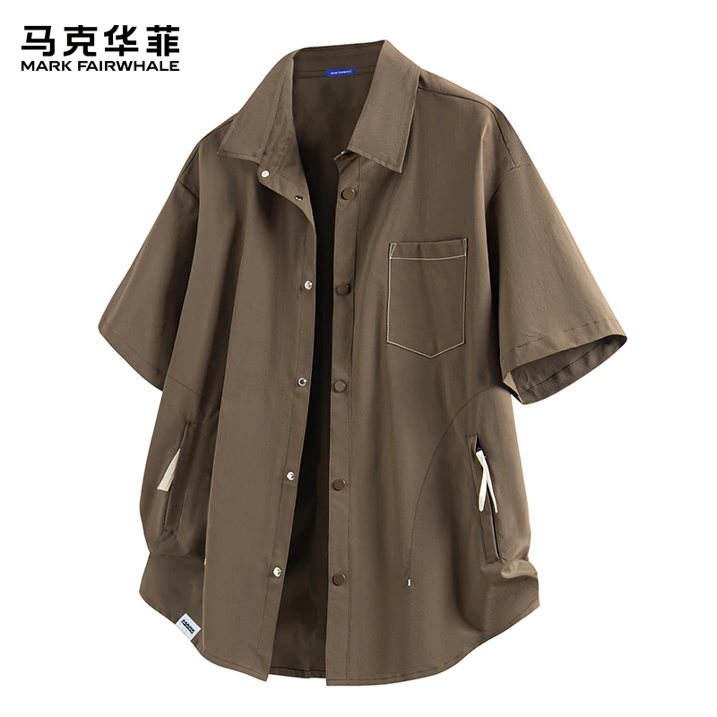 马克华菲夏季薄款冰丝短袖衬衫男士新款美式复古宽松休闲工装衬衣